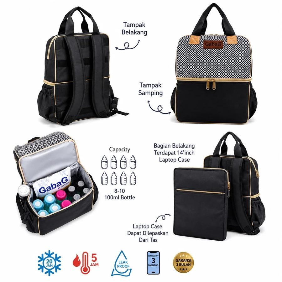 Gabag backpack dengan ruang cooler muat 8 hingga 10 botol susu 100ml